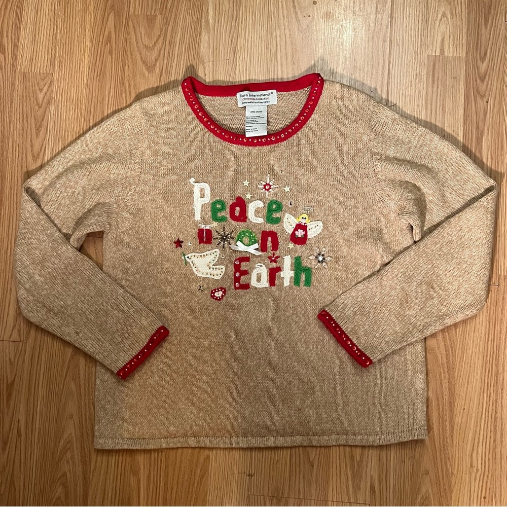Tiara International Vintage Peace on Earth Holiday Christmas Sweater Size L 90s